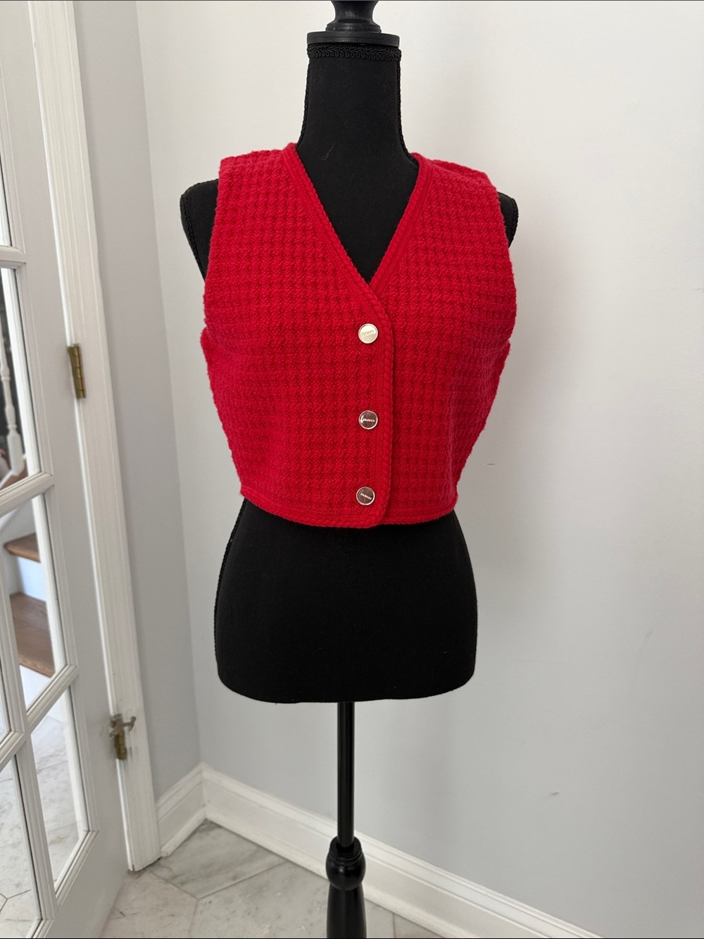 Sandro Red Textured Knit Button-Front Vest Top Sz 2/M